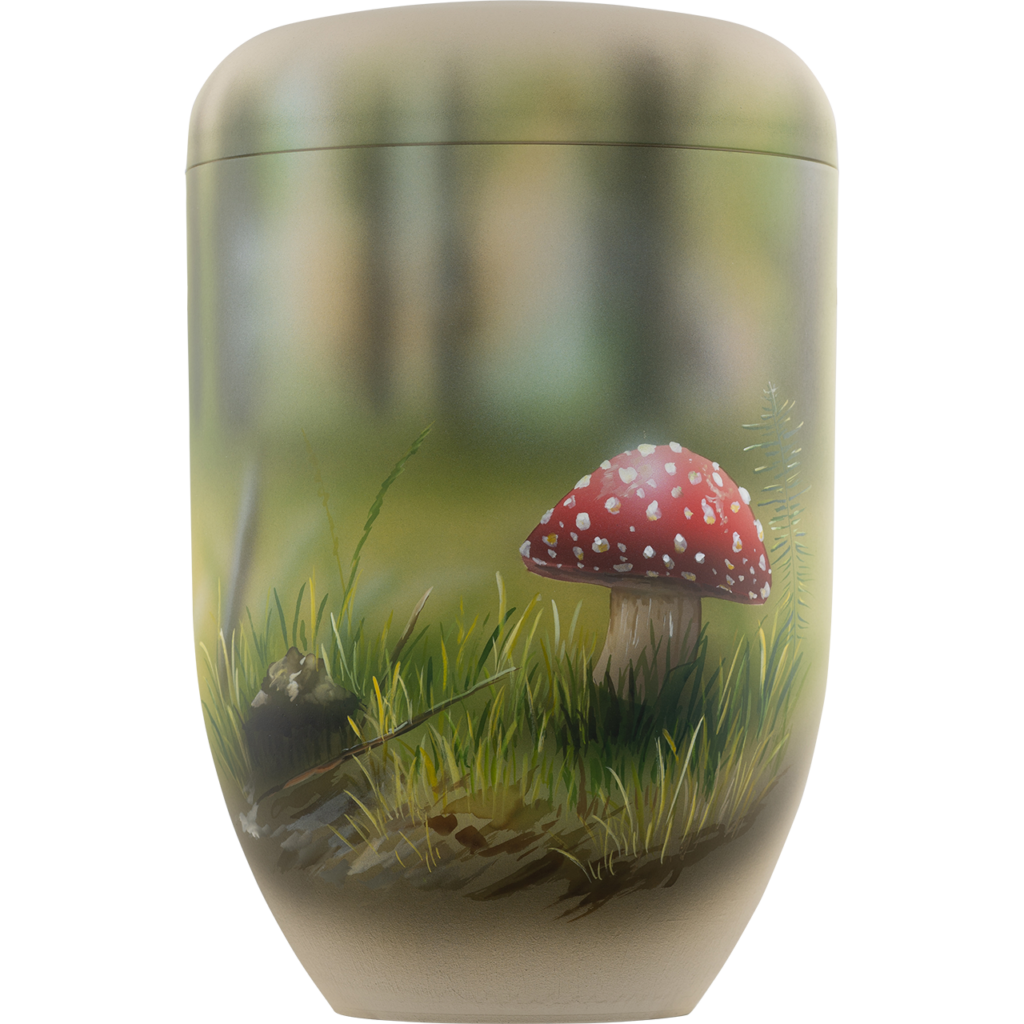 Moderne Urne mit buntem Motiv "Fliegenpilz"