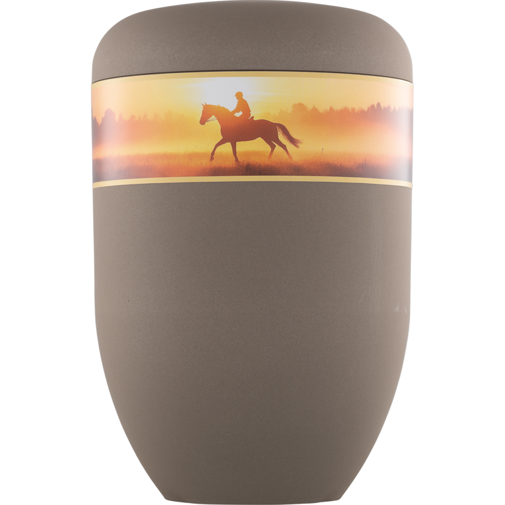Elegante Urne mit bunter Banderole, Motiv "Reiten"