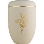 Schlichte Urne mit goldenem Motiv "Calla" in sandbeige