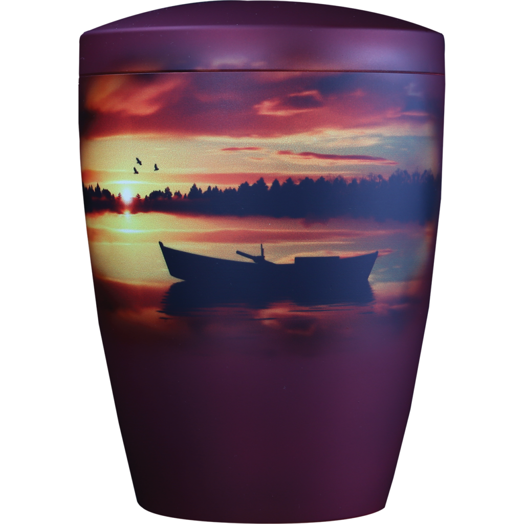 Farbenfrohe Urne mit zeitlosem Design "Boot im Sonnenuntergang"