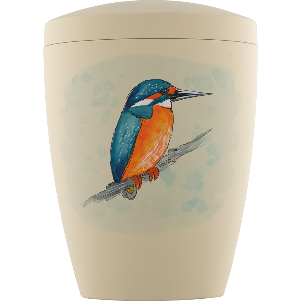 Moderne Urne mit buntem Motiv "Eisvogel"