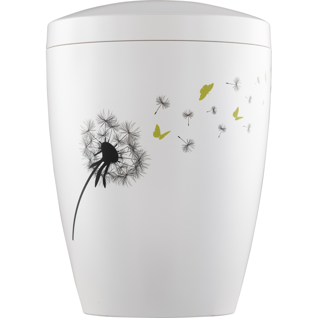 Elegante Urne mit buntem Motiv "Pusteblume" in weiß