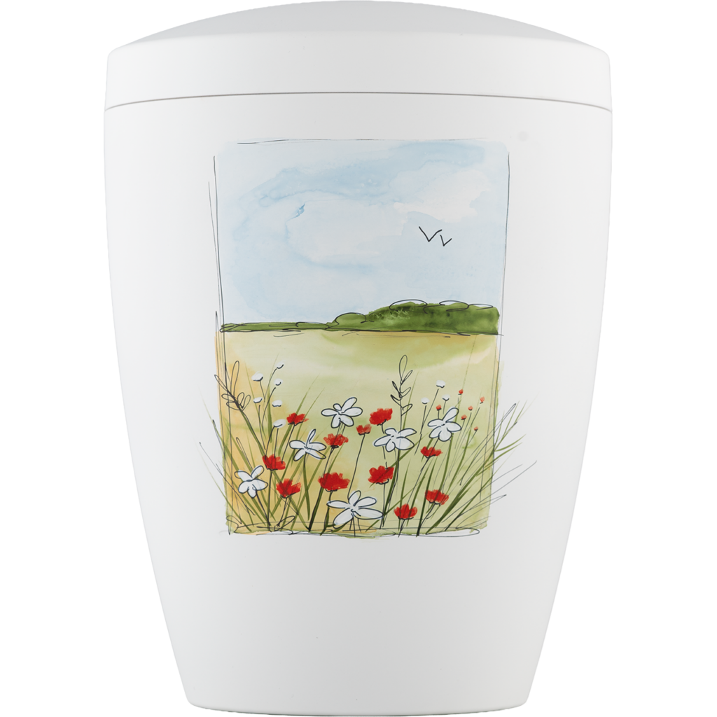 Moderne Urne mit handgemaltem Airbrushmotiv "Frühlingswiese"
