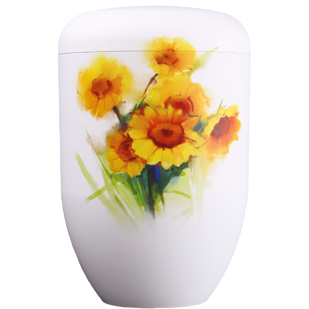 Urne mit modernem, handgemaltem Motiv "Sonnenblumen"